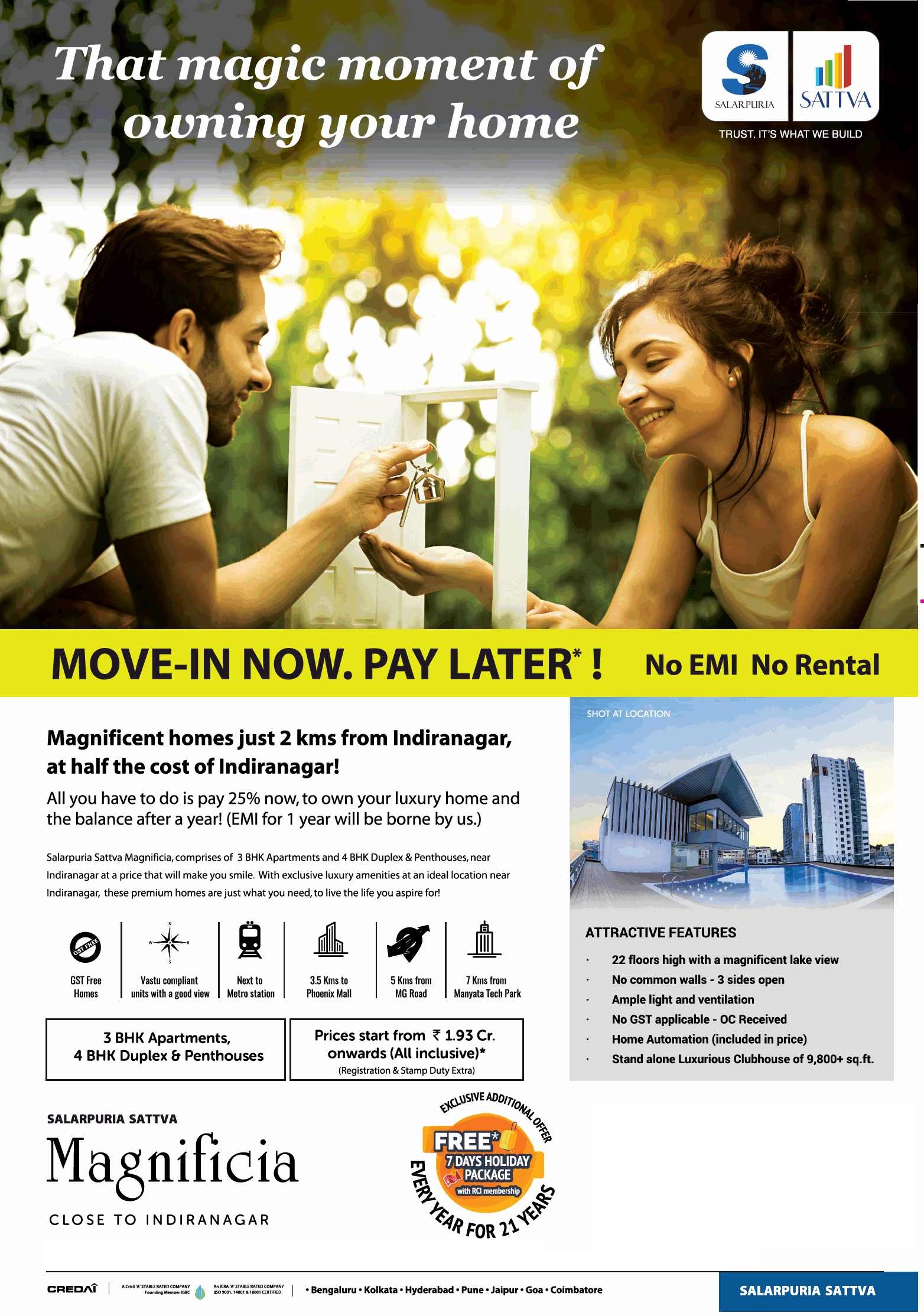 Move in now & pay later with no EMI & no rental at Salarpuria Sattva Magnificia in Bangalore